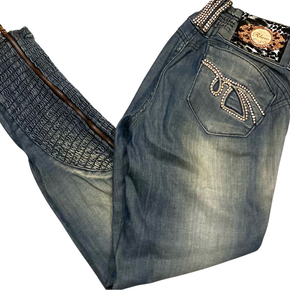 Rhero Brazilian Butt Lift Jeans Size 6 Low Rise Ruched Zipper Cuffs Rhinestones